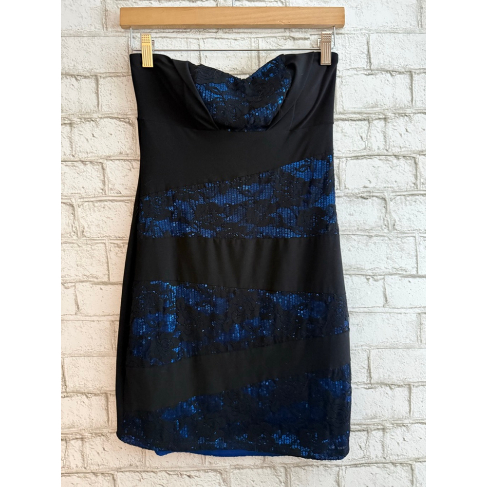 NWT VTG Arden B Y2k Strapless Bodycon Lace dress Black and Blue size Small